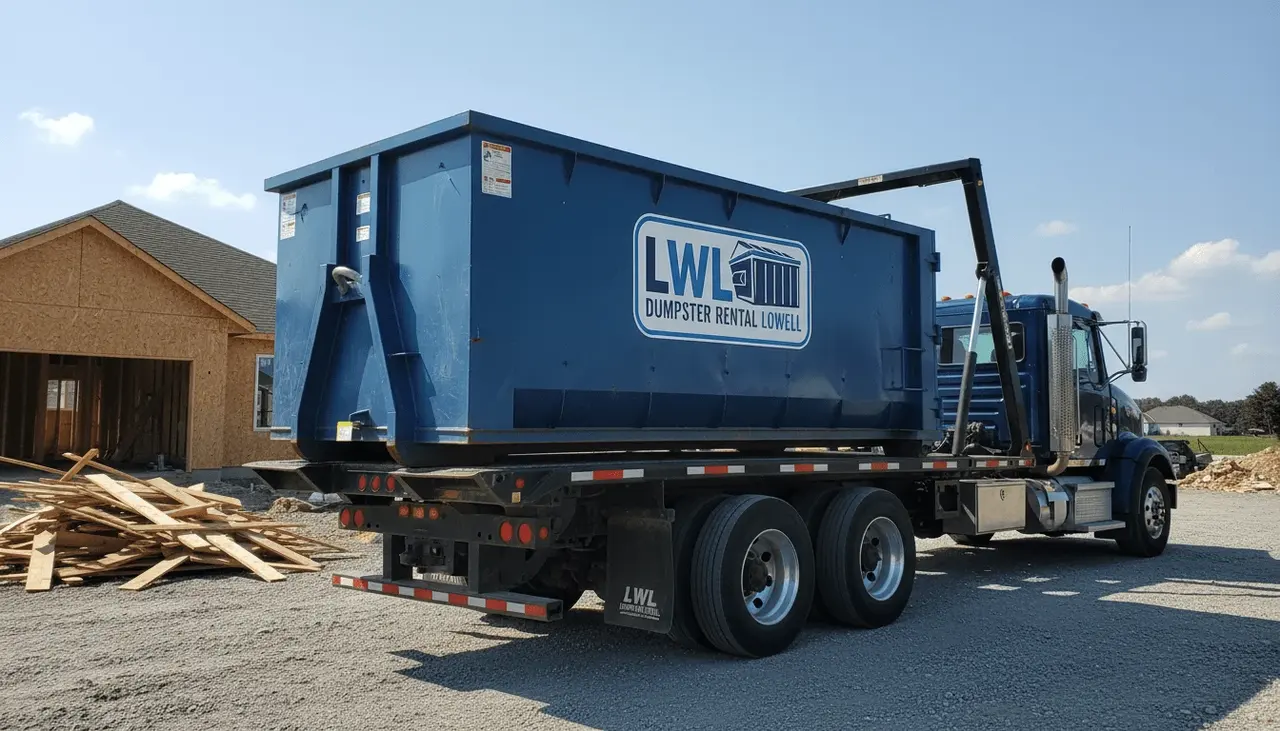 Our dumpster rental process in Lowell Roll-off container being set on a Lowell, MA property